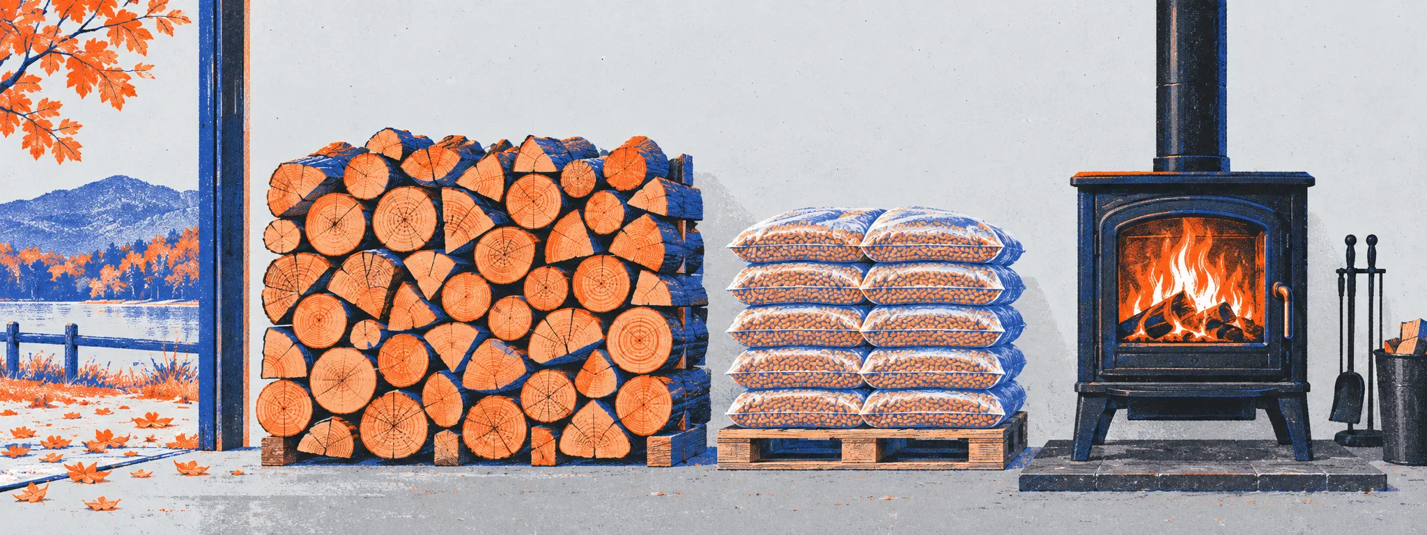 Une pile de bûches, une palette de sacs de granulés et un poêle allumé