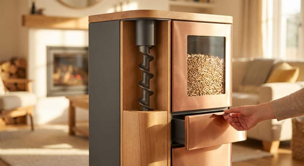 découvrez un système de stockage de pellets ultra-pratique et esthétique qui transforme l'organisation de votre chauffage cet hiver, pour oublier la corvée des sacs et profiter d'un hiver chaleureux en toute simplicité.