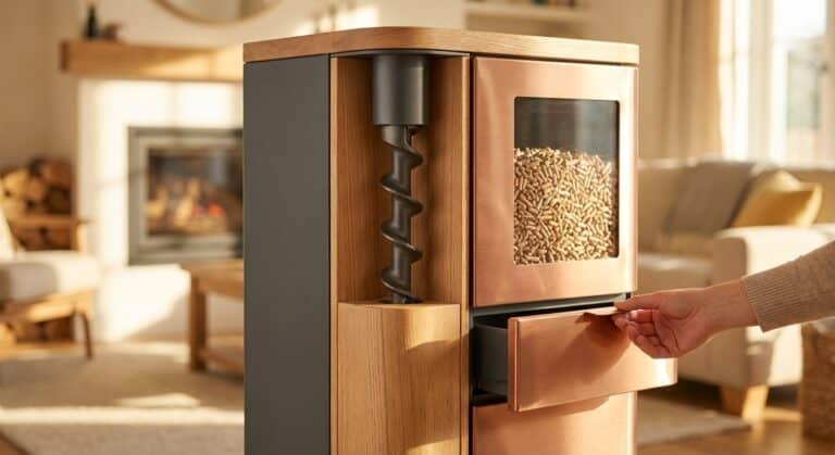 découvrez un système de stockage de pellets ultra-pratique et esthétique qui transforme l'organisation de votre chauffage cet hiver, pour oublier la corvée des sacs et profiter d'un hiver chaleureux en toute simplicité.
