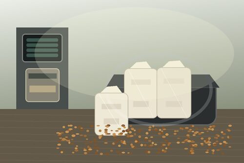 Sacs de pellets chargés depuis un distributeur automatique, avec contrôle de l’état du paquet