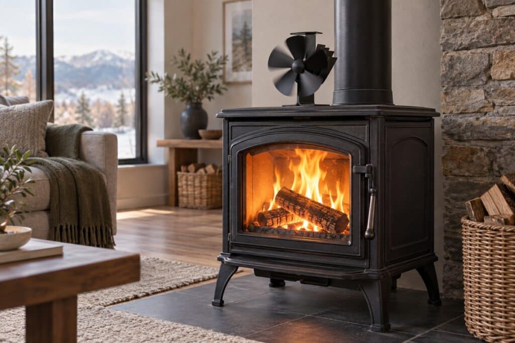 Ventilateur thermique posé sur un poêle à bois