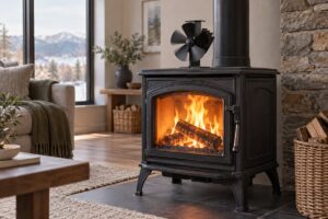 Ventilateur thermique posé sur un poêle à bois