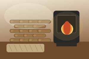 Bûches de bois densifié empilées près d’un poêle pour comparer le format et le stockage