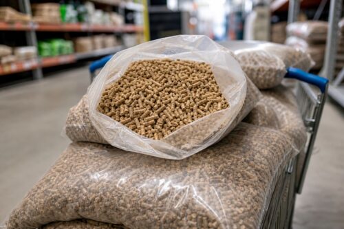 Sacs de pellets neutres dans un chariot de magasin avec un sac ouvert