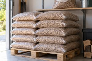 Sacs de granulés stockés sur une palette dans un garage sec
