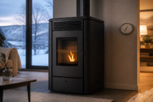 Poêle à granulés avec faible flamme dans un salon en hiver