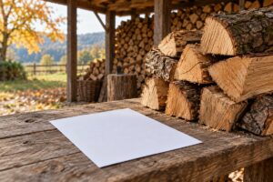 Bon de livraison vierge posé près de bûches sous un abri sec
