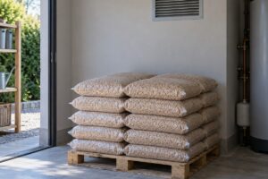 Sacs de pellets sur palette dans un local ventilé