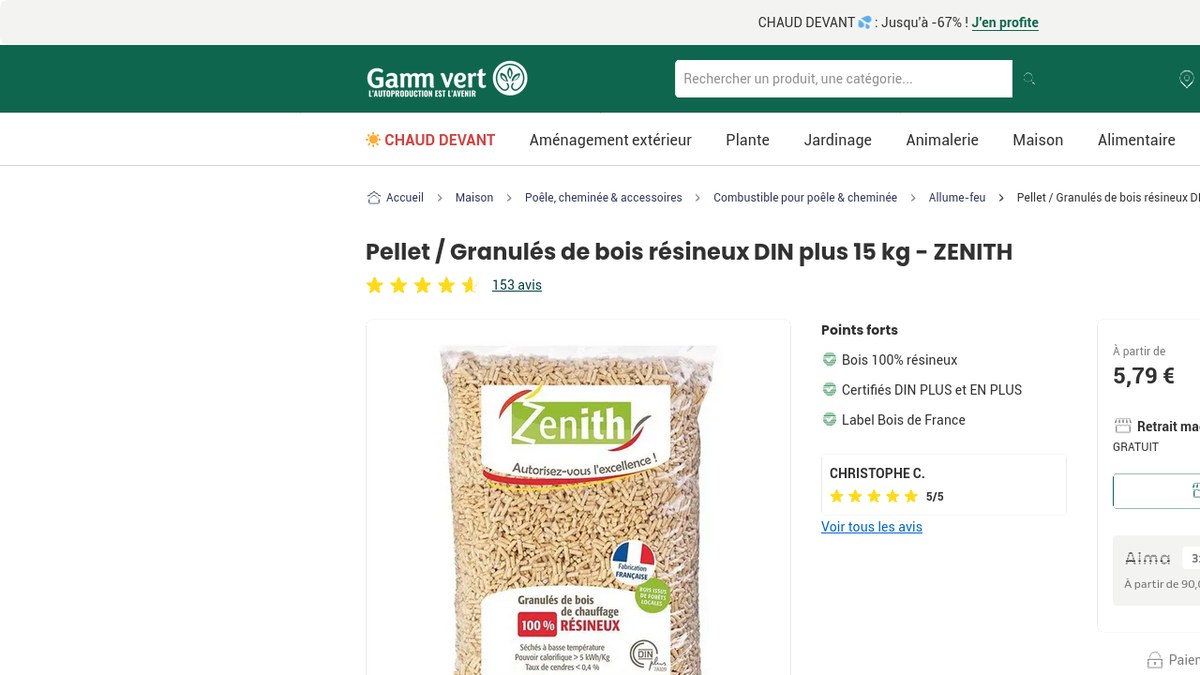 Capture Gamm Vert montrant le prix du sac de pellets ZENITH 15 kg ร partir de 5,79 โฌ