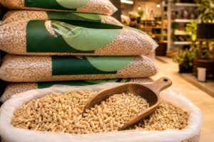 Sacs de pellets empilรฉs en jardinerie avec granulรฉs de bois en gros plan