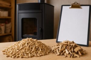 Granulés de bois et plaquettes sur une table près d’un poêle