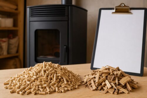 Granulés de bois et plaquettes sur une table près d’un poêle