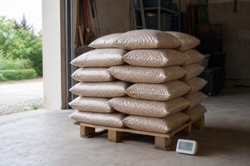 Palette de granulés de bois stockée au sec dans un garage