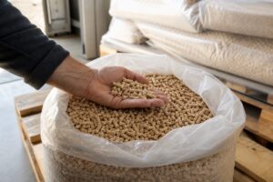 Main qui contrôle des pellets avant l’achat d’une palette