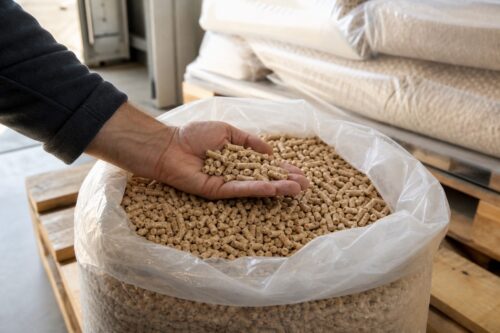 Main qui contrôle des pellets avant l’achat d’une palette