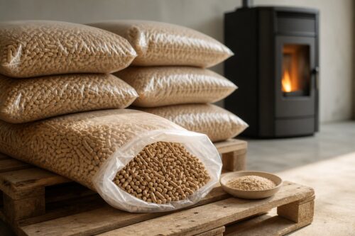 Sacs neutres de pellets stockés au sec sur une palette près d’un poêle
