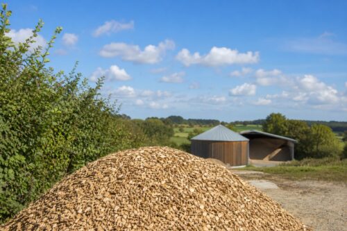 Plaquettes de bois local près d’une haie bocagère