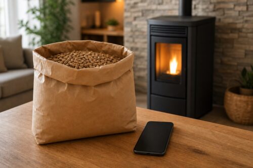 Sac de granulés vierge près d’un poêle avec smartphone