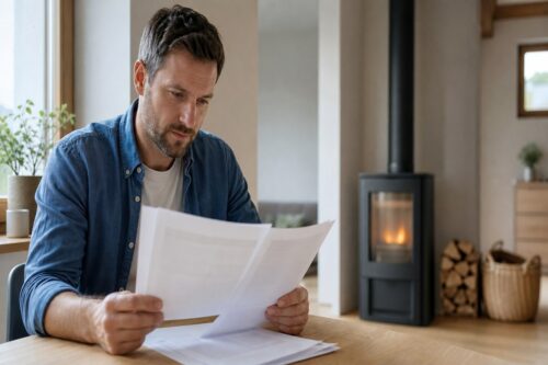 Devis de poêle à bois relu devant un appareil installé