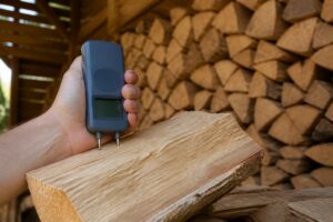 Humidimètre à pointes sur une bûche fraîchement fendue dans un abri à bois