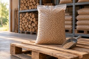 Sac de granulés de bois sur une palette dans un espace de stockage sec