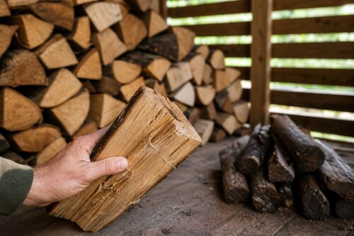 Bûche de bois inspectée à la main dans un abri à bois