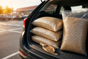 Sacs de pellets dans un coffre de voiture avant achat