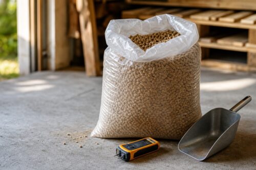Sac de pellets ouvert dans un local sec avant contrôle de la palette