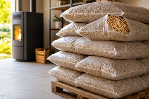 Sacs de pellets stockés au sec avant achat d’une palette
