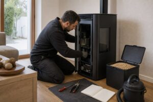 Technicien contrôlant un poêle à granulés dans une maison