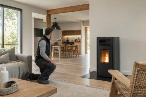 Installateur qui mesure une pièce avant de choisir la puissance d’un poêle à granulés