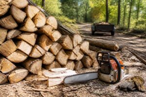 Bûches coupées en forêt avec tronçonneuse et remorque pour un lot de bois communal