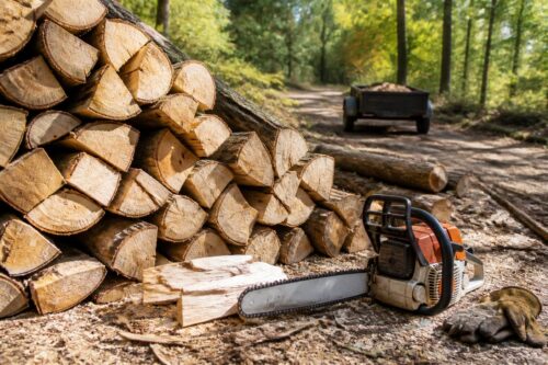 Bûches coupées en forêt avec tronçonneuse et remorque pour un lot de bois communal