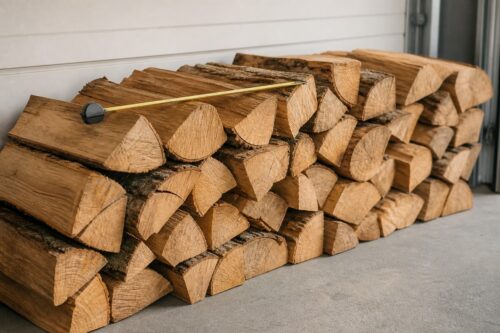 Bûches de bois de 33 cm empilées avec un mètre ruban