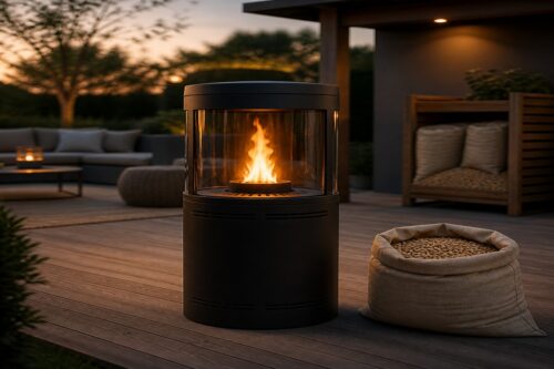 Chauffage de terrasse à pellets avec sac de granulés en extérieur