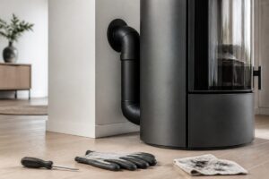Tuyau de raccordement d’un poêle à pellets avec gants et tournevis avant démontage