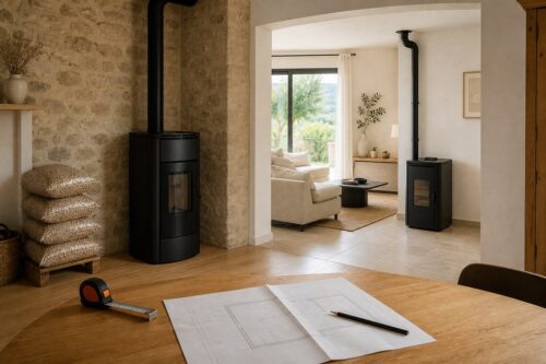 Deux poêles à granulés installés dans une maison avec un devis à vérifier