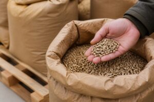 Main vérifiant des pellets dans un sac ouvert avant achat