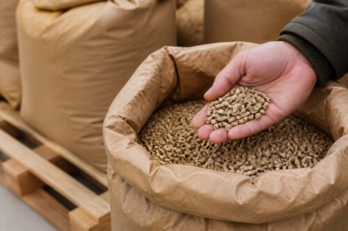 Main vérifiant des pellets dans un sac ouvert avant achat