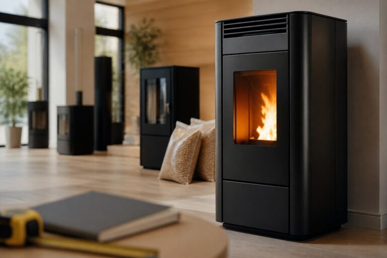 Poêle à granulés en showroom avant vérification du devis