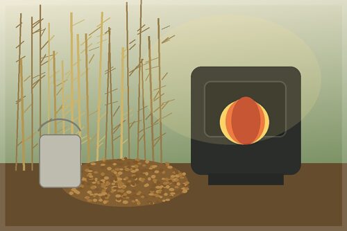 Granulés de miscanthus et tiges sèches devant un poêle à granulés