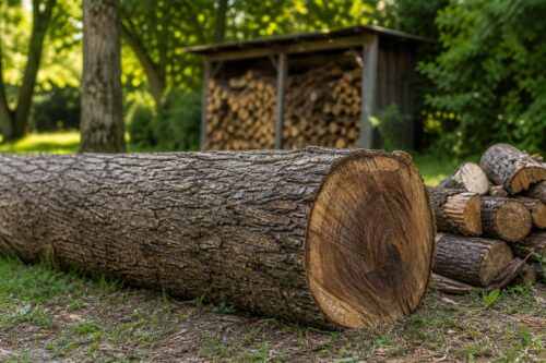 Tronc de noyer coupé posé dans un jardin près d’un abri à bûches