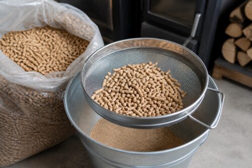 Tamis à pellets au-dessus d’un seau pour retirer la poussière du fond du sac