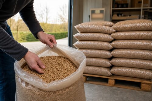 Sacs de pellets contrôlés avant achat chez une enseigne de bricolage