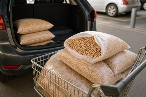 Sacs de pellets neutres dans un chariot avant chargement