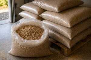 Sac de granulés ouvert devant une palette de pellets à contrôler avant achat