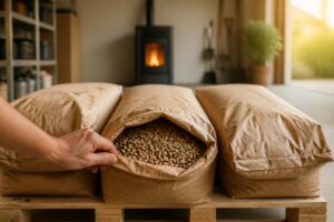 Sac de granulés ouvert pour contrôler les pellets avant un achat en palette