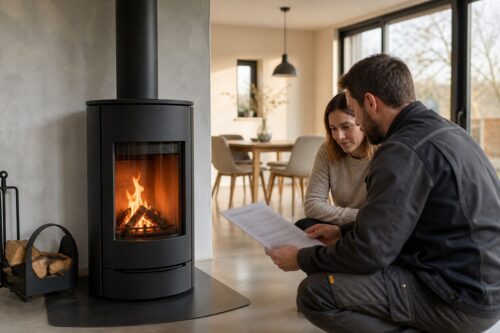 Poêle à bois moderne et contrôle du devis avec un installateur
