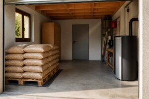 Sacs de pellets non marqués rangés au sec sur une palette dans un garage