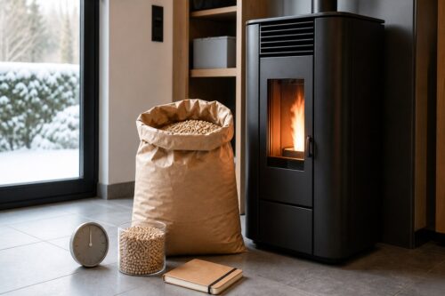 Sac de pellets ouvert près d’un poêle à granulés avec une horloge